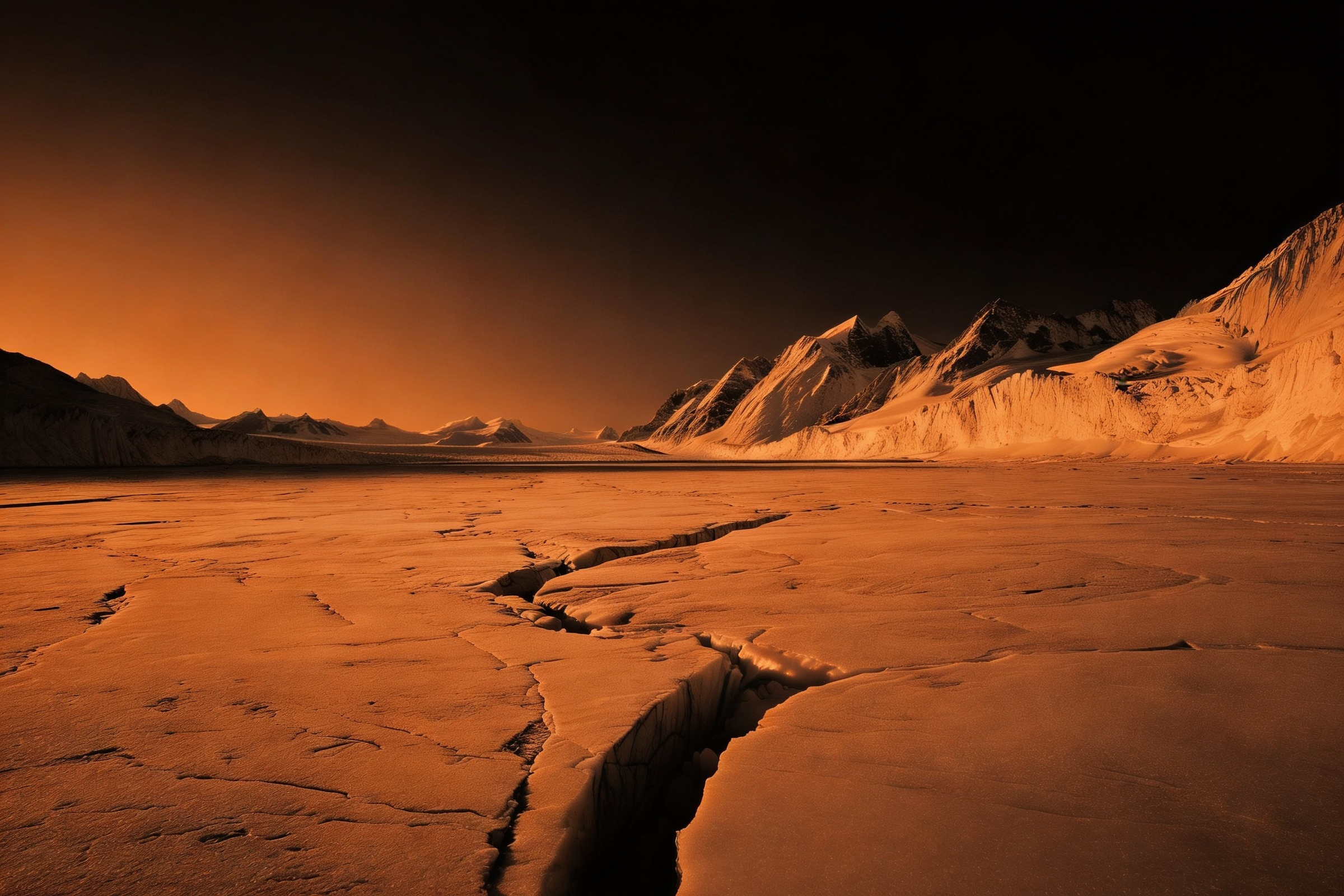 Orange-lit fractured ice landscape used as the hero image for The Structural Chasm PE Playbook 2025 article by Sales Engine