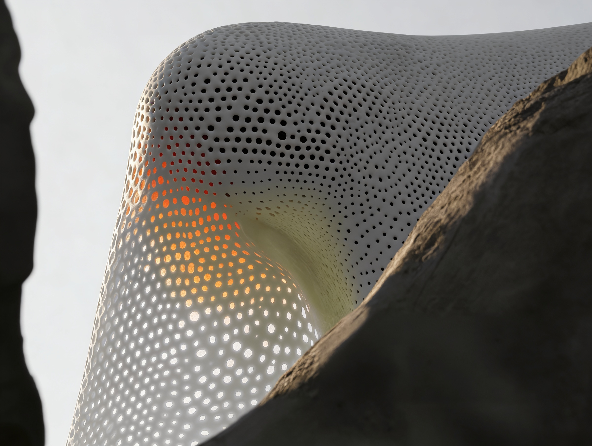 Abstract perforated architectural structure with warm orange light passing through layered circular openings between dark rock formations.